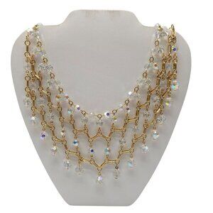Vintage Gold Tone Drippy Aurora Borealis Crystal Beaded Necklace 17 Inches